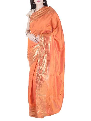 orange silk blend bordered saree with blouse - 15112923 - Very Small Image - 1
