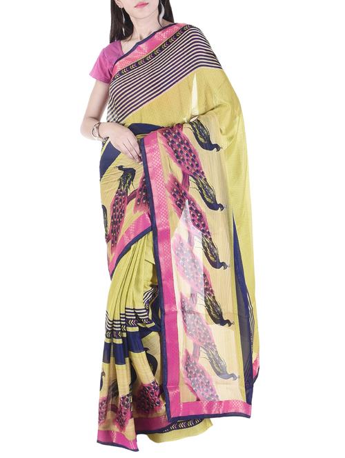 yellow chiffon printed saree with blouse - 15112931 - Very Small Image - 1