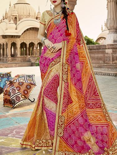 pink bandhani Resham Embroidery saree with blouse - 15112969 - Very Small Image - 1