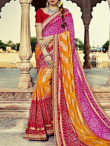 Yellow bandhani saree with blouse - 15112971 - Very Small Image - 1