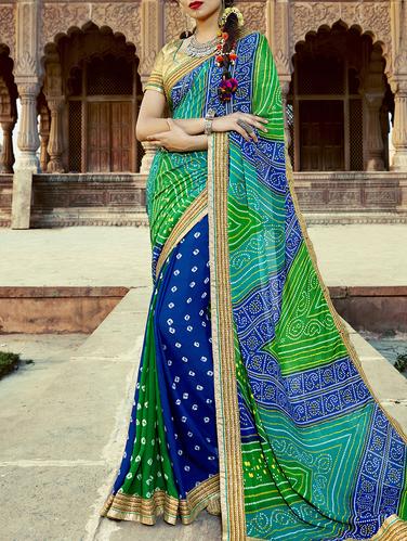 blue georgette bandhani lace saree with blouse - 15112974 - Very Small Image - 1