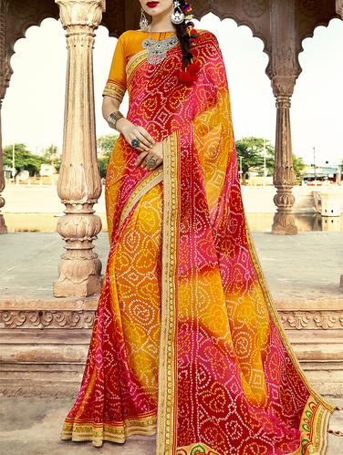 Yellow bandhani saree with blouse - 15112975 - Very Small Image - 1