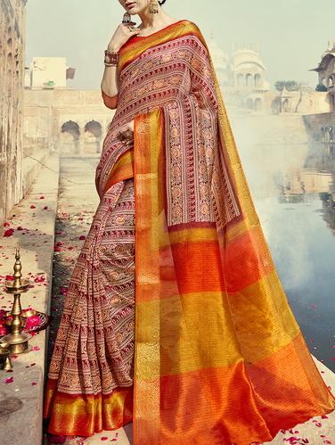 Red printed saree with blouse - 15112979 - Very Small Image - 1