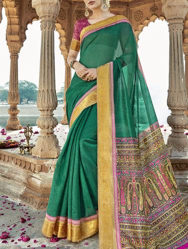 green bordered saree with blouse - 15112980 - Very Small Image - 1