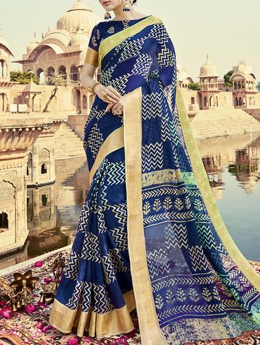 blue printed saree with blouse - 15112981 - Very Small Image - 1