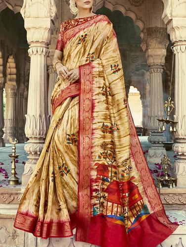 beige printed saree with blouse - 15112986 - Very Small Image - 1