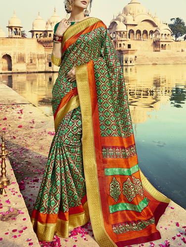 green printed saree with blouse - 15112988 - Very Small Image - 1
