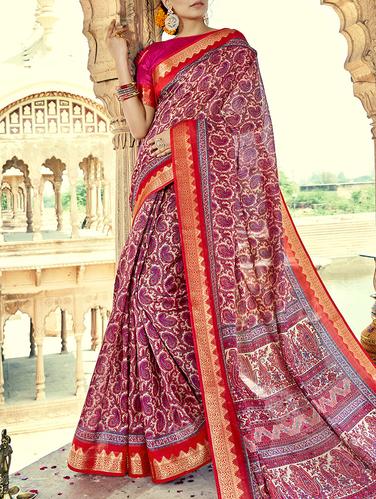 Pink printed saree with blouse - 15112991 - Very Small Image - 1
