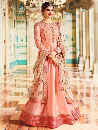 Peach embroidered semi-stitched anarkali suit - 15112994 - Very Small Image - 1