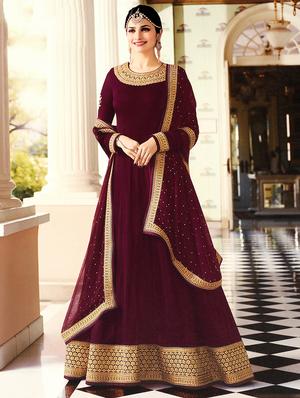 Maroon embroidered semi-stitched anarkali suit - 15112997 - Standard Image - 1