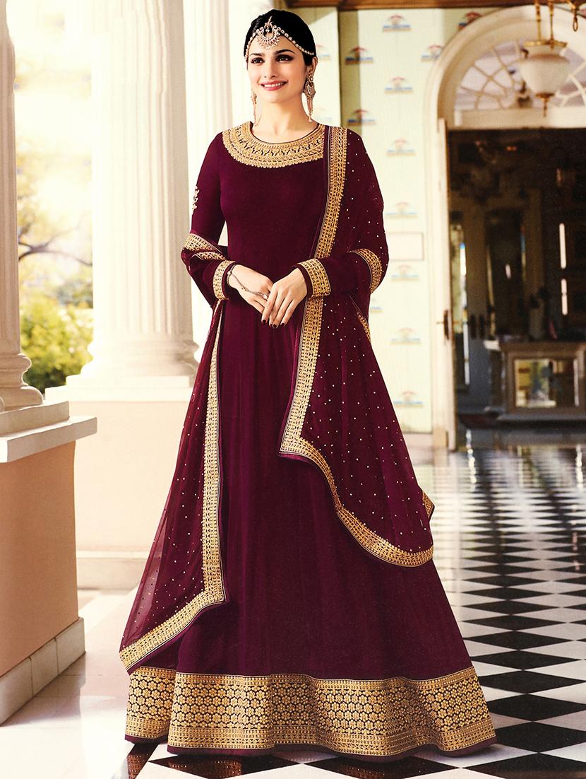 Maroon embroidered semi-stitched anarkali suit - 15112997 - Zoom Image - 1