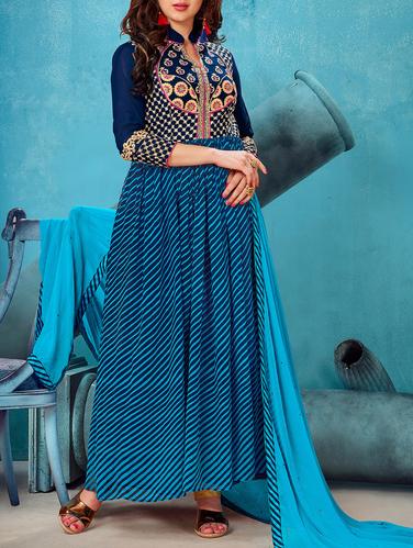 Blue embroidered semi-stitched flared suit - 15113053 - Very Small Image - 1