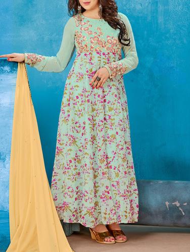 Blue embroidered semi-stitched flared suit - 15113054 - Very Small Image - 1