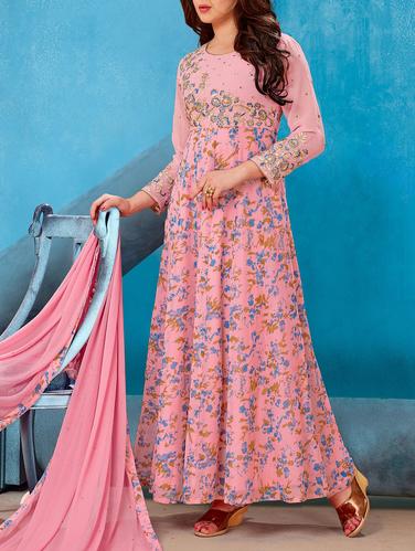 Embroidered semi-stitched anarkali suit - 15113055 - Very Small Image - 1