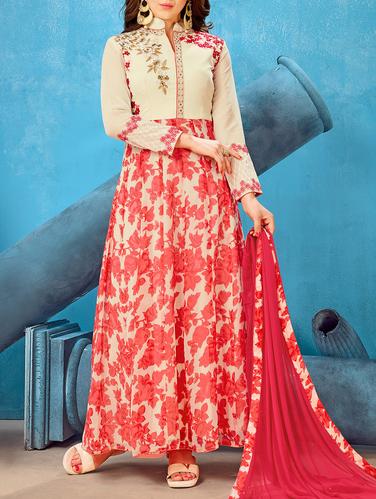 Embroidered semi-stitched anarkali suit - 15113056 - Very Small Image - 1