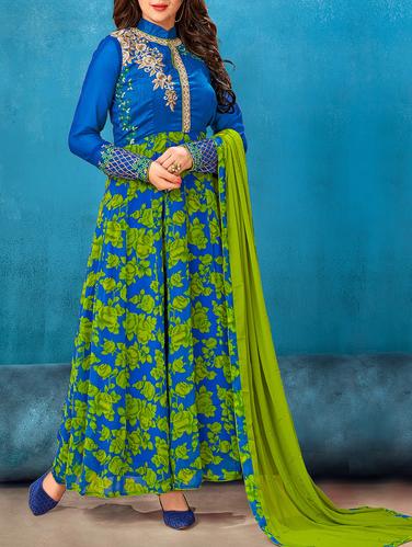 Blue embroidered semi-stitched anarkali suit - 15113057 - Very Small Image - 1