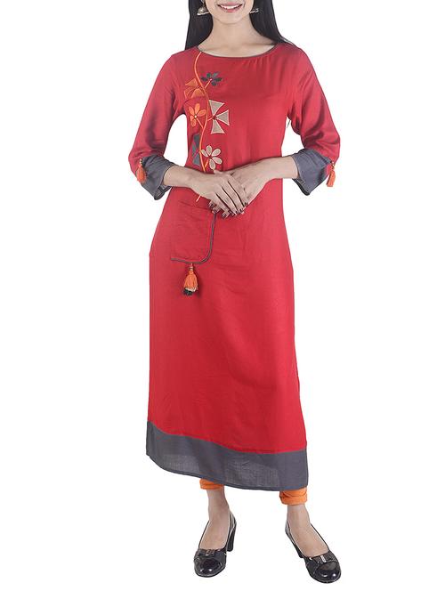 red viscose straight kurta - 15113071 - Standard Image - 1