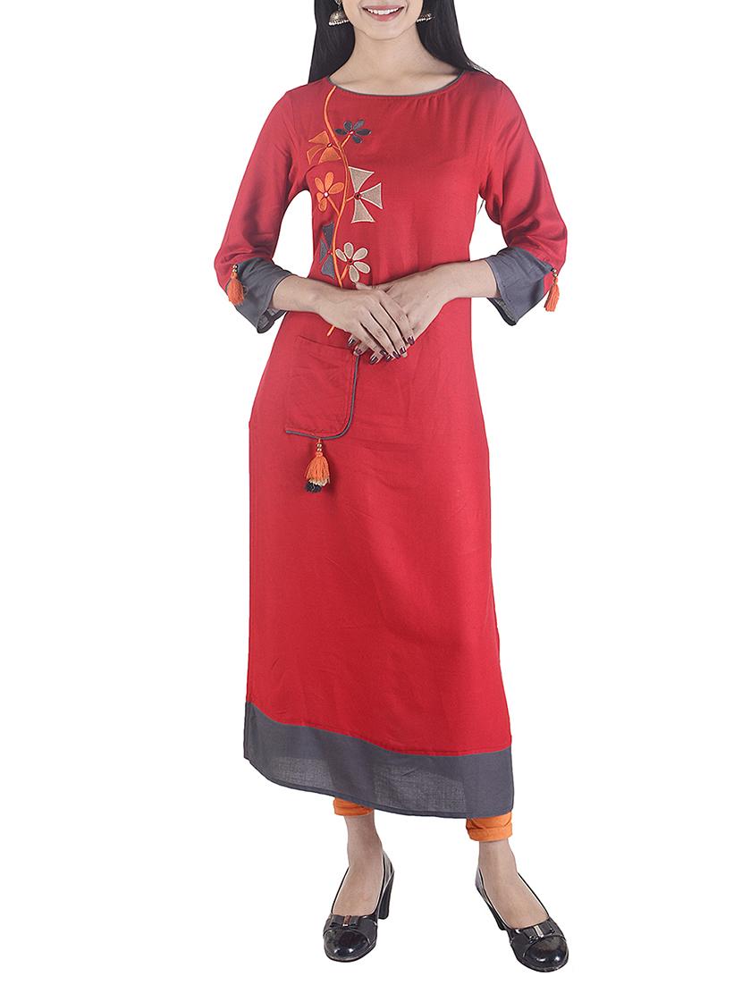 red viscose straight kurta - 15113071 - Zoom Image - 1
