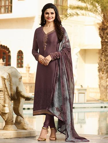 Purple embroidered semi-stitched churidaar suit - 15113226 - Very Small Image - 1