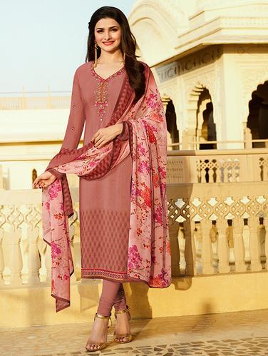 Pink embroidered semi-stitched churidaar suit - 15113229 - Very Small Image - 1