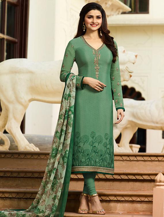 Green embroidered semi-stitched churidaar suit - 15113231 - Zoom Image - 1