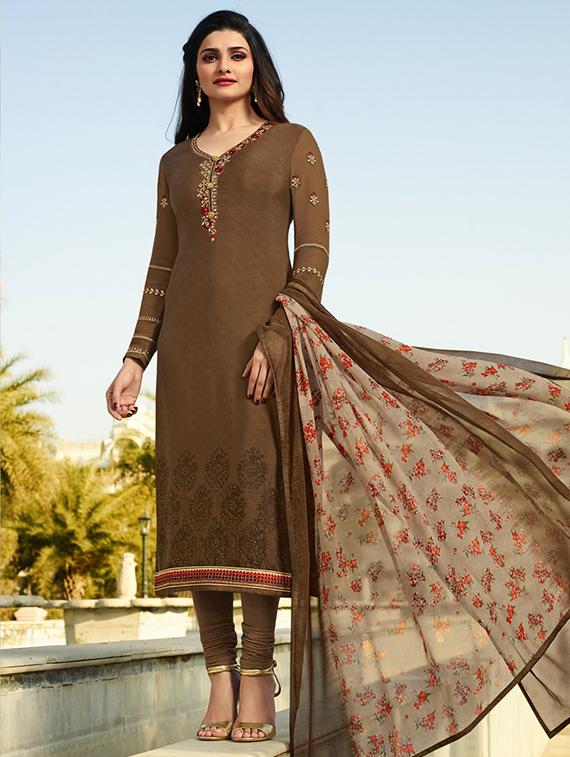 Brown embroidered semi-stitched churidaar suit - 15113233 - Zoom Image - 1