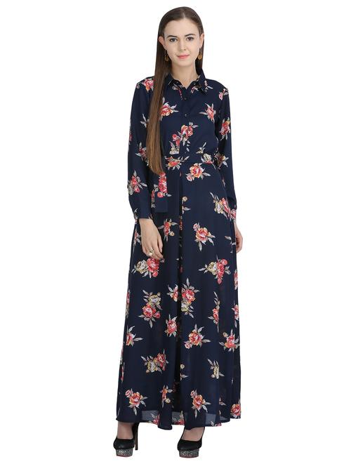 navy blue floral georgette maxi dress - 15113272 - Very Small Image - 1