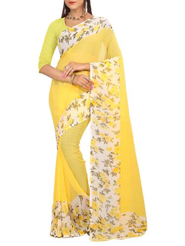 yellow georgette printed saree with blouse - 15113304 - Very Small Image - 1