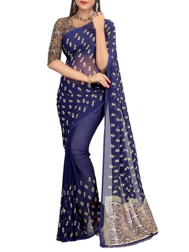 blue georgette printed saree with blouse - 15113310 - Very Small Image - 1