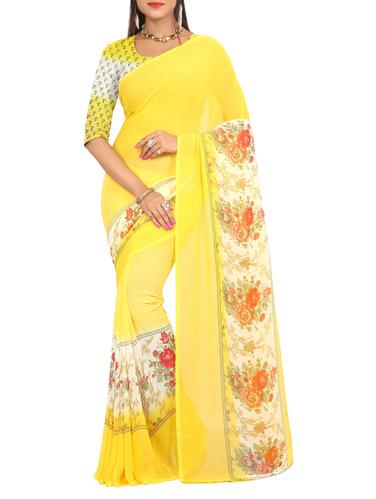 yellow georgette printed saree with blouse - 15113312 - Very Small Image - 1