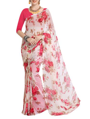 white georgette printed saree with blouse - 15113314 - Very Small Image - 1