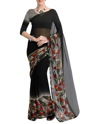 black georgette bordered saree with blouse - 15113322 - Very Small Image - 1
