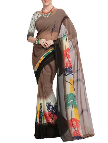 brown georgette printed saree with blouse - 15113324 - Very Small Image - 1