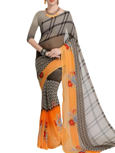 grey georgette printed saree with blouse - 15113325 - Very Small Image - 1