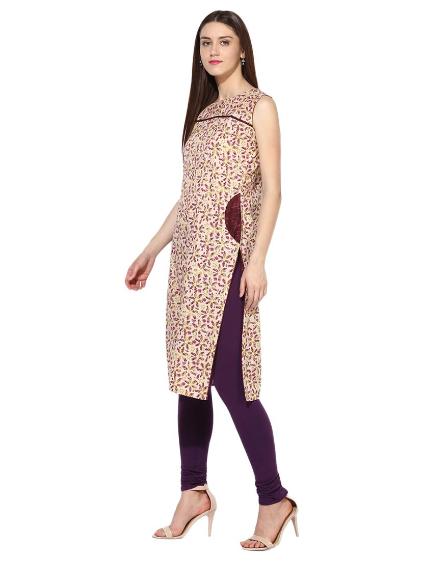 beige cotton aline kurta - 15113425 - Zoom Image - 2