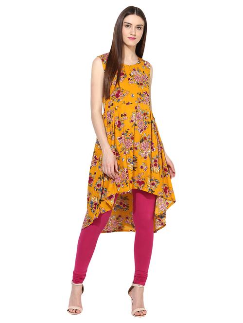 mustard crepe high low kurta - 15113442 - Standard Image - 1