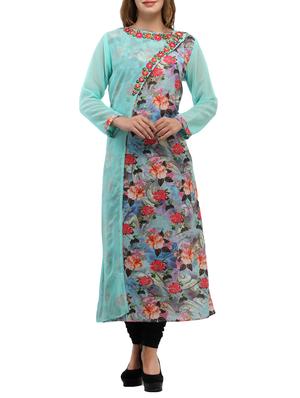 sky blue cotton blend a-line kurta - 15113691 - Standard Image - 1