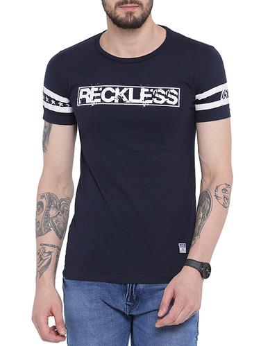 navy blue cotton blend chest print t-shirt - 15113754 - Very Small Image - 1
