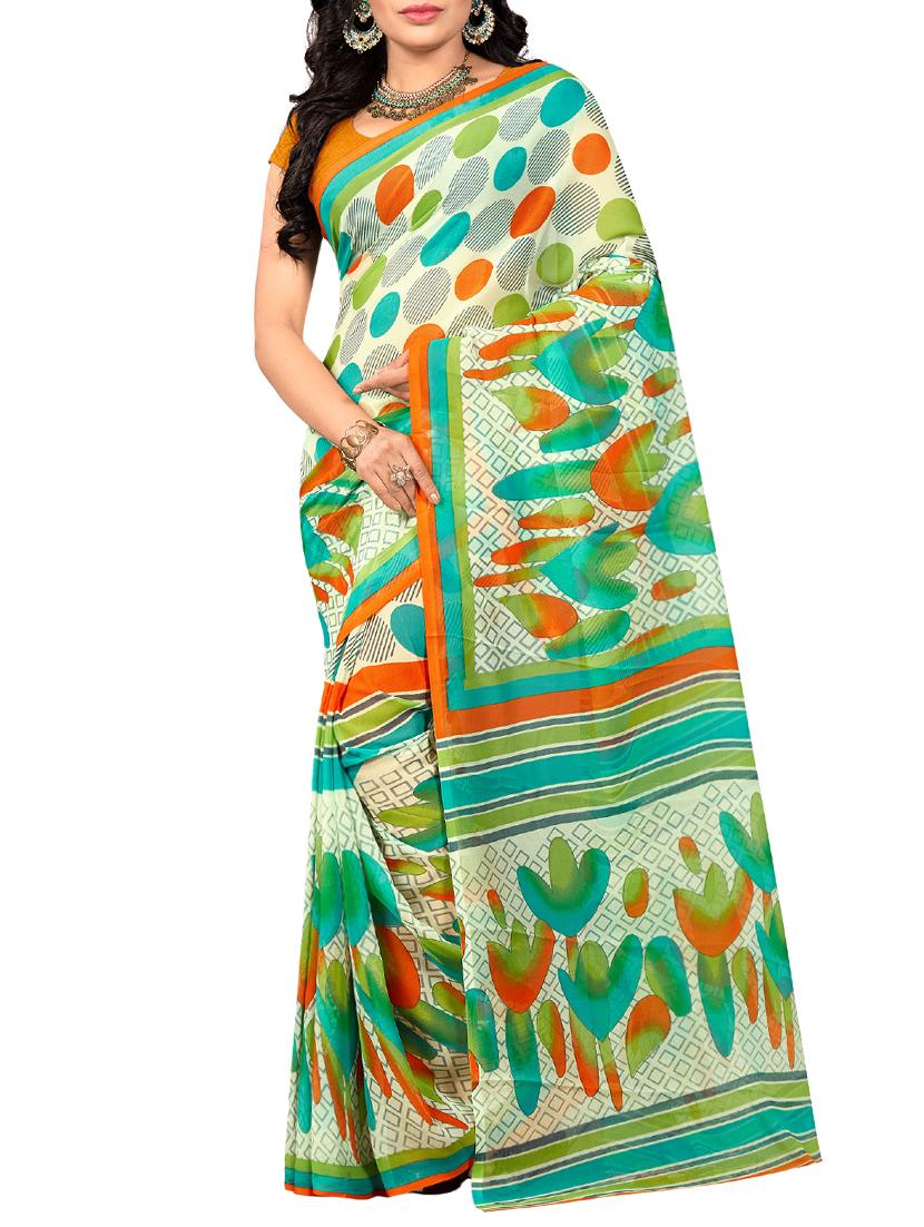 Cream printed saree with blouse - 15113798 - Zoom Image - 1