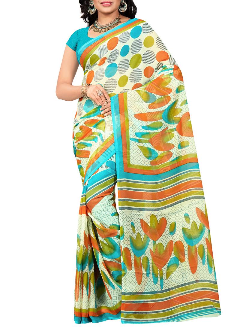 Cream printed saree with blouse - 15113801 - Zoom Image - 1