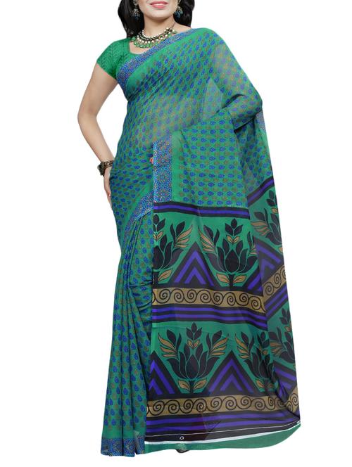 green georgette printed saree with blouse - 15113808 - Very Small Image - 1