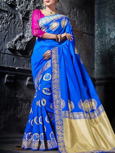 blue cotton silk banarasi saree with blouse - 15113960 - Very Small Image - 1