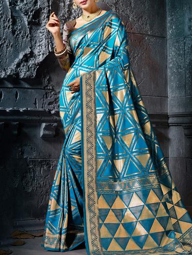turquoise cotton silk banarasi saree with blouse - 15113962 - Very Small Image - 1
