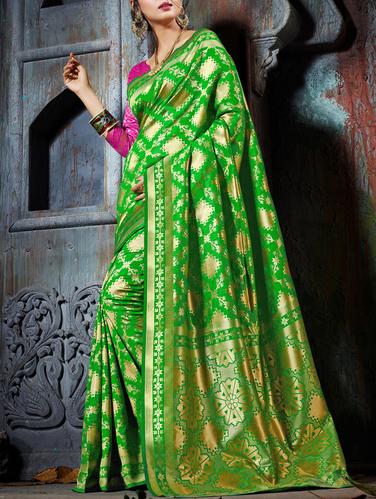 green cotton silk banarasi saree with blouse - 15113964 - Very Small Image - 1