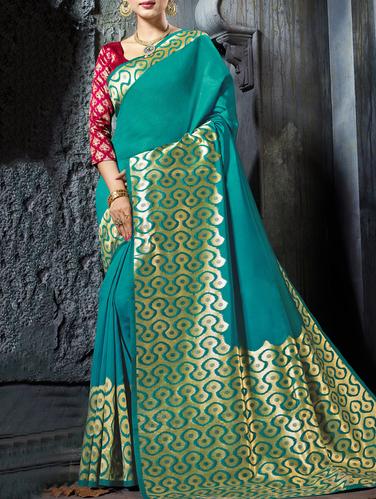 turquoise cotton silk banarasi saree with blouse - 15113966 - Very Small Image - 1