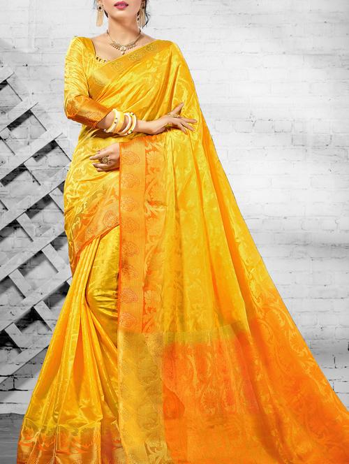 yellow silk woven saree with blouse - 15113972 - Very Small Image - 1