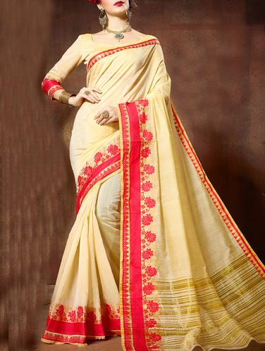 cream cotton silk bordered saree with blouse - 15113978 - Very Small Image - 1