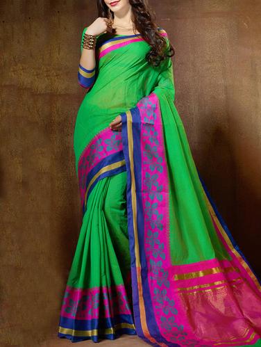 green cotton silk bordered saree with blouse - 15113979 - Very Small Image - 1