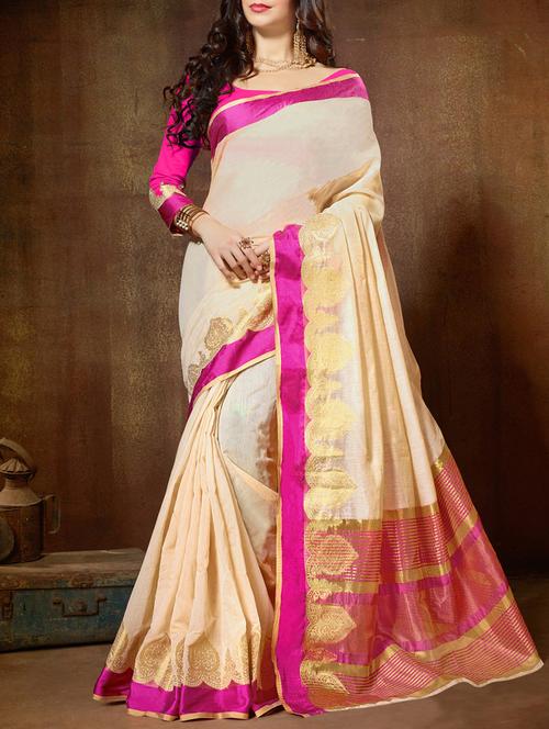 cream cotton silk bordered saree with blouse - 15113980 - Very Small Image - 1