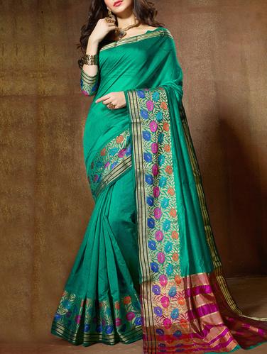 green cotton silk bordered saree with blouse - 15113981 - Very Small Image - 1